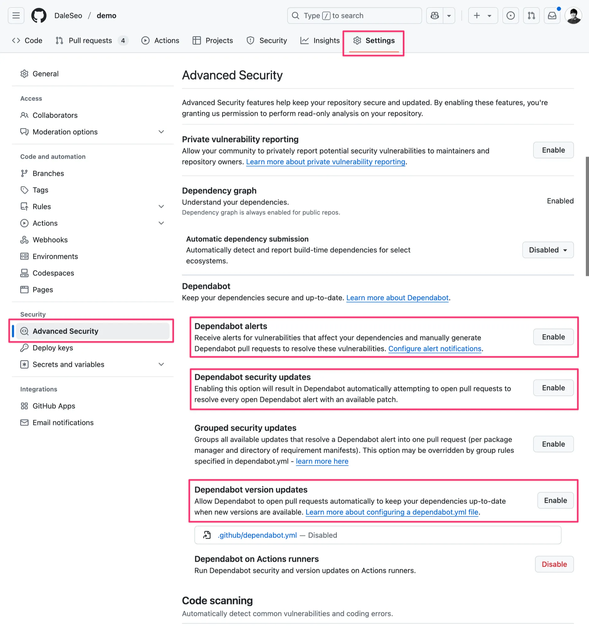 github-dependabot-settings